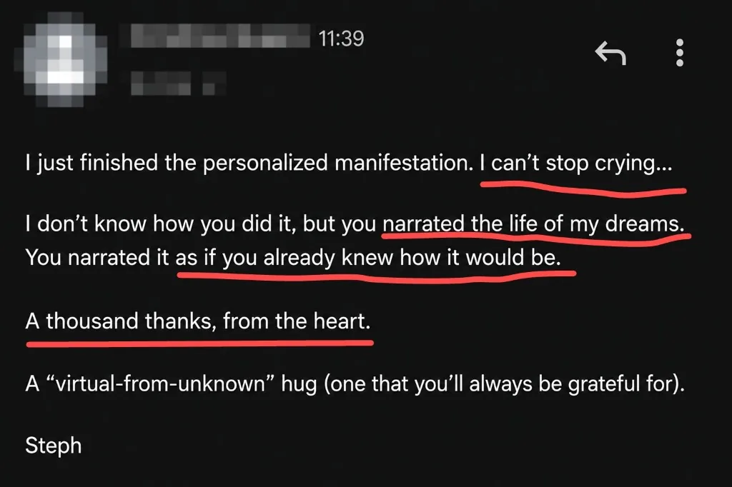 Message from Steph: I just finished the personalized manifestation. I can't stop crying... You narrated the life of my dreams.