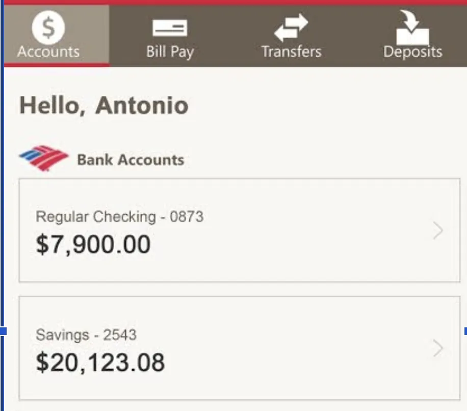 Banking app screenshot: Regular Checking - 0873: $7,900.00