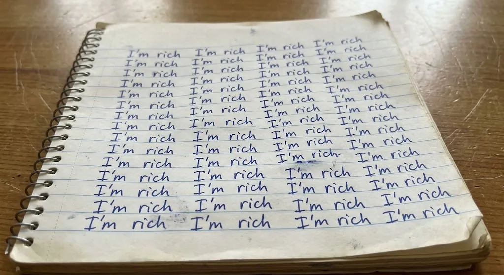 A notebook page with 'I'm rich' handwritten over and over.