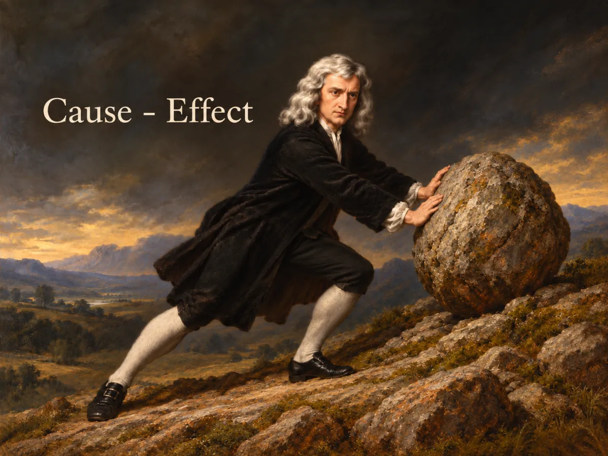 Isaac Newton pushing a boulder: cause, effect.