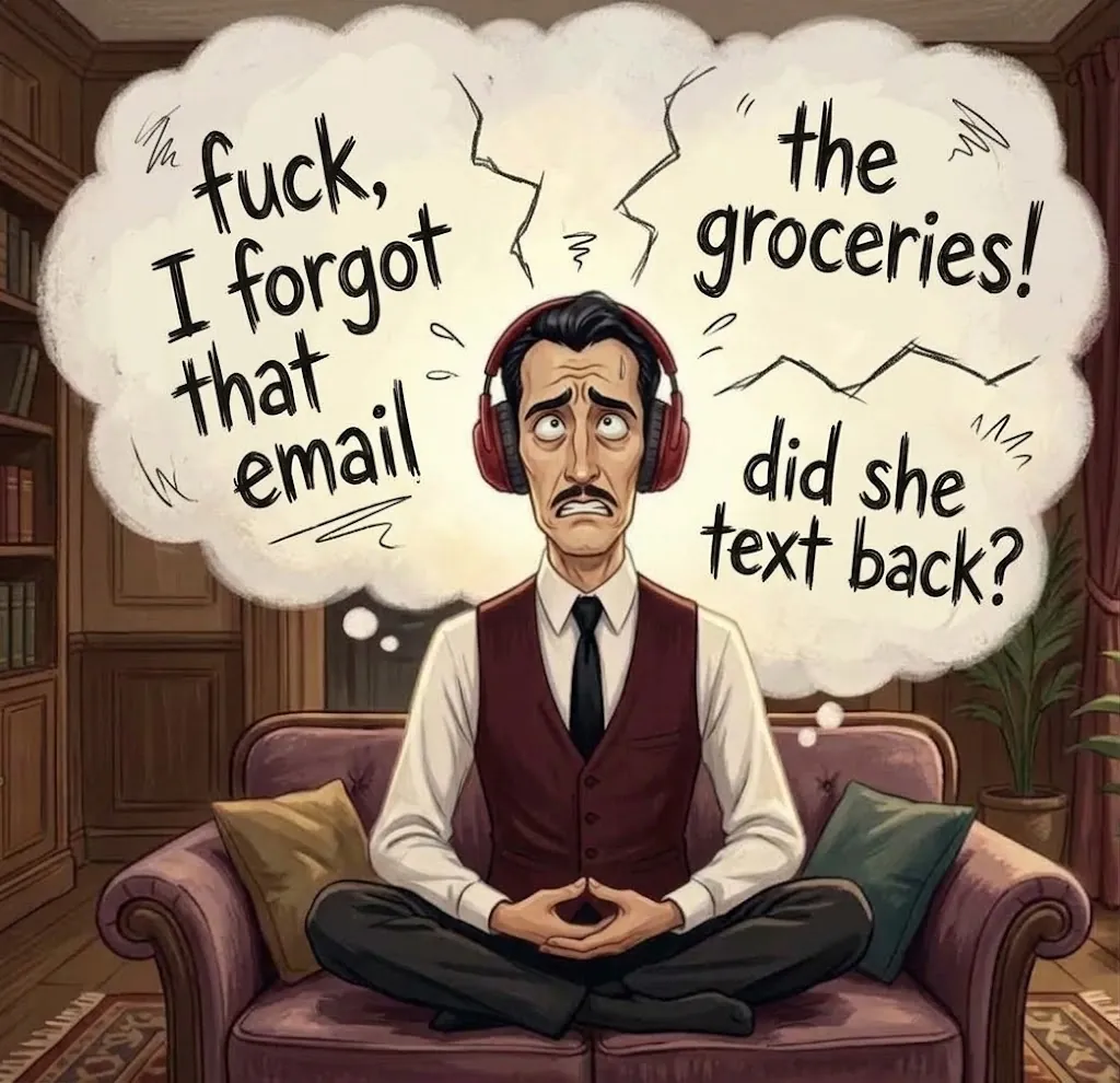 A man trying to meditate while his thoughts yell: I forgot that email, the groceries, did she text back?