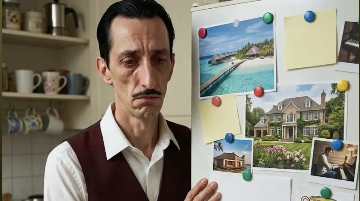 A man staring, defeated, at a vision board full of things he doesn't have.